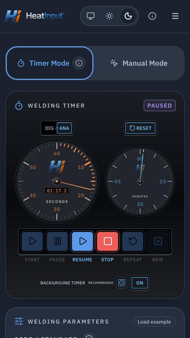 HeatInput Mobile Analog Timer in Dark Mode