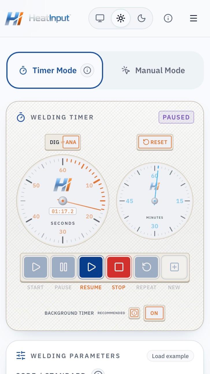 HeatInput Mobile Analog Timer in Light Mode